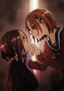 Rule 34 | 2girls, black eyes, black jacket, black sailor collar, brown cardigan, brown hair, bunbun, cardigan, commentary request, drooling, finger in another&#039;s mouth, glasses, hair ornament, hairclip, jacket, multiple girls, open mouth, original, red eyes, sailor collar, saliva, school uniform, serafuku, smile, tears, tongue, tongue out, yuri