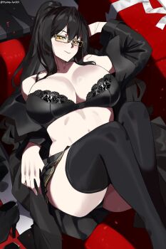 1girl bare_shoulders black_bra black_hair black_jacket black_skirt black_thighhighs blush bra breasts cleavage glasses high_ponytail highres jacket large_breasts long_hair long_sleeves looking_at_viewer miniskirt monkey_jon off_shoulder original ponytail sidelocks skirt smile solo thighhighs underwear yellow_eyes
