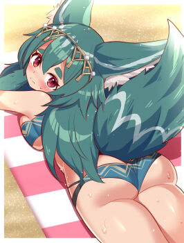 1girl animal_ears ass bare_shoulders bikini blush breast_press breasts circlet cougar_(cougar1404) embarrassed fox_ears fox_girl fox_tail from_behind green_hair large_breasts long_hair looking_at_viewer lying on_stomach purple_eyes sideboob solo swimsuit tail