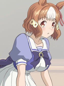 1girl absurdres animal_ears belno_light_(umamusume) blush bow bowtie breasts brown_hair collarbone ear_ribbon hair_ornament highres horse_ears horse_girl large_breasts letter_hair_ornament looking_at_viewer masasim multicolored_hair parted_lips puffy_short_sleeves puffy_sleeves purple_bow purple_bowtie purple_shirt sailor_collar sailor_shirt school_uniform shirt short_hair short_sleeves simple_background skirt tracen_school_uniform two-tone_hair umamusume umamusume:_cinderella_gray white_hair white_sailor_collar white_skirt