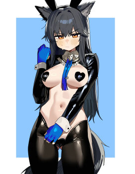 1girl absurdres alternate_costume animal_ear_fluff animal_ears arknights black_hair black_shrug black_tail blue_background blue_gloves blush border breasts closed_mouth commentary cowboy_shot fake_animal_ears fingerless_gloves gloves hair_intakes heart_maebari heart_pasties highres hiphighs large_breasts long_hair long_sleeves looking_at_viewer maebari navel orange_eyes outside_border pasties rabbit_ears red_hiphighs reverse_bunnysuit reverse_outfit ruppu shrug_(clothing) skindentation solo stomach sweat tail texas_(arknights) texas_the_omertosa_(arknights) v-shaped_eyebrows white_border white_wrist_cuffs wolf_ears wolf_girl wolf_tail wrist_cuffs