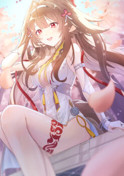 1girl absurdres adjusting_hair animal_ear_fluff animal_ears armlet bare_shoulders blue_sky blurry blurry_foreground bracelet breasts brown_hair brown_tail cherry_blossoms china_dress chinese_clothes clover clover_hair_ornament commentary_request dress droopy_ears enpixi falling_petals feet_out_of_frame hair_ornament hairband highres jewelry leg_tattoo long_hair medium_breasts metal_bracelet open_mouth outdoors petals red_eyes see-through_clothes see-through_dress silver_armlet silver_bracelet sitting sky solo tail tattoo very_long_hair white_dress white_hairband ye_shunguang zenless_zone_zero