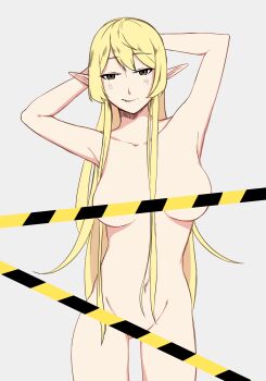 1girl absurdres armpits arms_behind_head arms_up blonde_hair breasts brown_eyes caution_tape censored censored_nipples closed_mouth collarbone completely_nude cowboy_shot grey_background groin half-closed_eyes highres large_breasts long_hair looking_at_viewer navel nijisanji nijisanji_en nude pointy_ears pomu_rainpuff sidelocks simple_background smile solo standing tape_censor very_long_hair virtual_youtuber yarashi_thought
