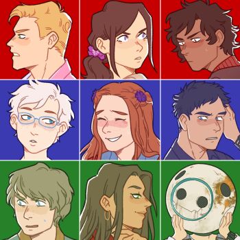 4girls 5boys black_hair blonde_hair blue-framed_eyewear blue_eyes blush brown_hair carlos_(kyokugen_dasshutsu) closed_eyes closed_mouth commentary crack diana_(kyokugen_dasshutsu) earrings english_commentary eric_(kyokugen_dasshutsu) eyelashes flower glasses green_eyes hair_flower hair_ornament hand_on_own_head helmet highres hoop_earrings jewelry junpei_(kyokugen_dasshutsu) keycrash kurashiki_akane kyokugen_dasshutsu long_hair mira_(kyokugen_dasshutsu) mismatched_eyebrows multiple_boys multiple_girls nose_blush open_mouth orange_hair phi_(kyokugen_dasshutsu) portrait purple_eyes q_(kyokugen_dasshutsu) red_eyes rust short_hair side_ponytail sigma_(kyokugen_dasshutsu) smile sweatdrop very_short_hair watch white_hair wristwatch zero_escape:_toki_no_dilemma