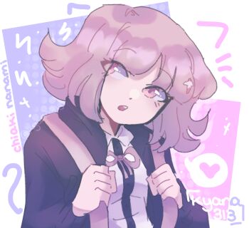 artist_name black_jacket character_name collared_shirt commentary danganronpa_(series) danganronpa_2:_goodbye_despair english_commentary eyelashes hair_ornament heart highres holding_strap jacket kyana313 long_sleeves nanami_chiaki neck_ribbon notice_lines open_clothes open_jacket open_mouth pink_eyes pink_hair pink_ribbon ribbon shirt short_hair speech_bubble spoken_heart teeth upper_teeth_only white_shirt