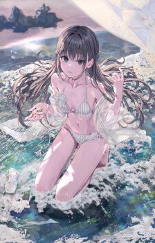 1girl bare_shoulders barefoot bikini black_hair blue_eyes braid breasts closed_mouth collarbone commentary english_commentary floating_hair foaming_waves full_body groin hair_intakes hair_spread_out half_up_braid halterneck hands_up hat highres holding holding_shell kneeling long_hair long_legs looking_at_viewer merchandise_available navel open_clothes open_shirt outdoors parted_lips ponkan_8 portrait ribbed_bikini see-through_clothes see-through_shirt shell shirt shoes shore side-tie_bikini_bottom small_breasts solo string_bikini sweat swimsuit thighs toes unworn_hat unworn_headwear unworn_shoes wading water white_bikini white_hat white_shirt white_shoes yahari_ore_no_seishun_lovecome_wa_machigatteiru. yukinoshita_yukino