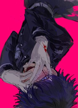 1boy absurdres belt black_coat blood blood_on_clothes blood_on_face blue_eyes blue_hair blush buttons chinese_commentary coat commentary_request gloves hands_on_own_face highres last_defense_academy_school_uniform lower_teeth_only male_focus omokage_yugamu open_mouth pink_background promise68487 school_uniform short_hair simple_background smile solo teeth the_hundred_line_-last_defense_academy- upside-down white_belt white_gloves