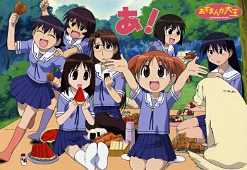 Rule 34 | azumanga daiou, black hair, blue skirt, blush, brown hair, chicken (food), closed eyes, dog, food, fried chicken, fruit, highres, kagura, kagura (azumanga daioh), kaori (azumanga daioh), kasuga ayumu, mihama chiyo, mizuhara koyomi, open mouth, orange hair, pleated skirt, raised eyebrows, sakaki (azumanga daioh), school uniform, serafuku, short sleeves, sitting, skirt, smile, socks, tadakichi-san, takino tomo, watermelon, white dog, white socks