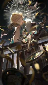 1boy absurdres aerial_fireworks asymmetrical_bangs aventurine_(honkai:_star_rail) bird black_bird blonde_hair brown_gloves card cleavage_cutout closed_mouth clothing_cutout coin earrings eyelashes fireworks gloves head_rest highres holding holding_card honkai:_star_rail honkai_(series) jewelry leaning_forward lips liushui_jiang long_hair looking_at_viewer male_focus night outdoors parted_bangs playing_card purple_eyes railing ribbon single_earring sky smile solo star_(sky) yellow_ribbon