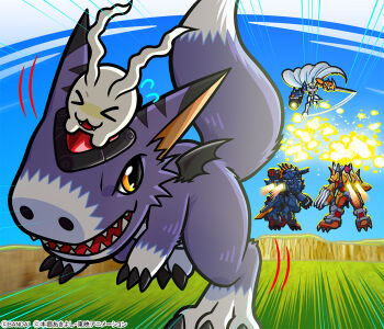 Rule 34 | battle, body fur, digimon, digital monster x-evolution, dorumon, forehead jewel, full body, grass, metalgarurumon, metalgarurumon x-antibody, midair, official art, omegamon, outdoors, purple fur, running, sharp teeth, teeth, tokomon, wargreymon, wargreymon x-antibody