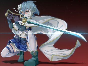 Rule 34 | 1girl, bandages, black gloves, blue boots, blue eyes, blue sleeves, boots, cape, choco-tto, commentary request, detached sleeves, fortissimo, gloves, gradient background, hair ornament, hair ribbon, heel up, high heel boots, high heels, highres, mahou shoujo madoka magica, mahou shoujo madoka magica: walpurgis no kaiten, mahou shoujo madoka magica (anime), miki sayaka, musical note, musical note hair ornament, red background, ribbon, saber (weapon), short hair, signature, solo, squatting, sword, thighhighs, weapon, white cape, white ribbon, white thighhighs