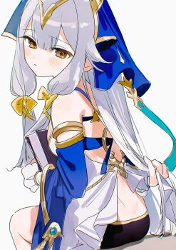 1girl absurdres ass back black_shorts blue_veil blush book breasts commentary_request dress highres holding holding_book honkai_(series) honkai_impact_3rd long_hair roena serapeum_(honkai_impact) short_shorts shorts simple_background sitting small_breasts solo veil very_long_hair white_background white_dress white_hair yellow_eyes