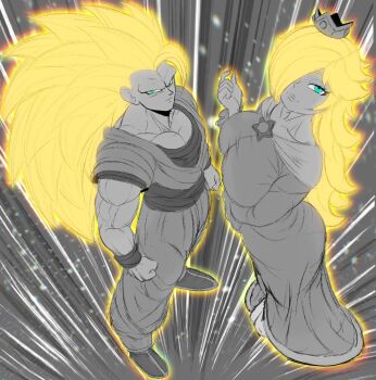 1boy 1girl arm_under_breasts blonde_hair blue_eyes breasts brooch clenched_hands closed_mouth commentary crossover crown dougi dragon_ball dragonball_z dress english_commentary eyelashes full_body glowing glowing_hair green_eyes greyscale hair_over_one_eye highres jewelry kwalker1009 large_breasts large_pectorals long_bangs long_hair long_sleeves looking_at_viewer looking_up mario_(series) monochrome muscular muscular_arms muscular_male nintendo no_eyebrows pectorals rosalina shoes short_sleeves sketch smile son_goku spot_color star_brooch super_saiyan super_saiyan_3 very_long_hair wristband