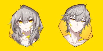 1boy 1girl bare_shoulders broken_skin caelus_(honkai:_star_rail) closed_mouth collarbone colored_inner_hair commentary_request crossed_bangs empty_eyes grey_hair hair_between_eyes half-closed_eyes highres honkai:_star_rail honkai_(series) long_hair looking_at_viewer multicolored_hair off-shoulder_shirt off_shoulder orange_pupils shirt short_hair sidelocks simple_background stelle_(honkai:_star_rail) t-shirt tiizumaru98 trailblazer_(honkai:_star_rail) upper_body white_hair white_shirt yellow_background yellow_eyes