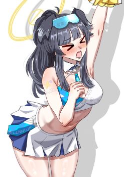 >_< 1girl absurdres animal_ears black_hair blue_archive blue_eyes blush breasts cheerleader cleavage commentary_request dog_ears dog_girl dog_tail goggles goggles_on_head halo hibiki_(blue_archive) hibiki_(cheer_squad)_(blue_archive) highres holding holding_pom_poms long_hair looking_at_viewer medium_breasts microskirt millennium_cheerleader_outfit_(blue_archive) navel official_alternate_costume open_mouth pom_pom_(cheerleading) pom_poms simple_background skirt solo star_(symbol) star_sticker sticker sticker_on_arm sticker_on_face tail white_background woo_(woosan) yellow_halo
