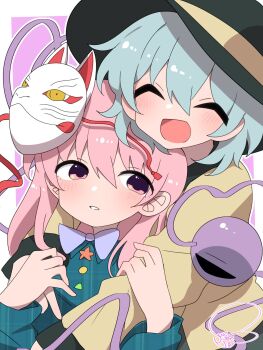 Rule 34 | 2girls, black hat, blue shirt, bow, bowtie, closed eyes, commentary, eyeball, fox mask, frilled sleeves, frills, green hair, green skirt, hat, hat ribbon, hata no kokoro, heart, heart of string, highres, hug, komeiji koishi, mask, mask on head, multiple girls, noh mask, pink eyes, pink hair, plaid clothes, plaid shirt, purple bow, purple bowtie, ribbon, shirt, skirt, smile, soesoe300, third eye, touhou, yellow ribbon, yellow shirt