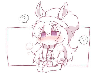 1girl ? beanie beer_hsk blush bow closed_mouth commentary_request cropped_torso ears_through_headwear hair_between_eyes hat nakayama_festa_(umamusume) nose_blush puffy_short_sleeves puffy_sleeves purple_eyes school_uniform short_sleeves solo spoken_question_mark sweat tracen_school_uniform umamusume upper_body white_background