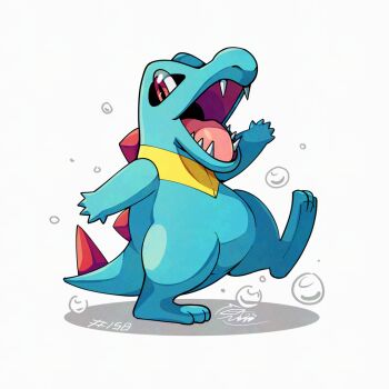 blue_skin bubble colored_skin full_body gen_2_pokemon mistray-art nintendo no_humans open_mouth pokemon pokemon_(creature) signature simple_background solo totodile white_background