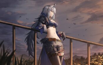 1girl absurdres ahoge angelo_(angeloart26) black_gloves black_pantyhose black_shorts black_thighhighs black_wings blue_bra bra breasts cleavage closed_mouth commentary feathered_wings galbrena_(wuthering_waves) gloves grey_hair hair_between_eyes hair_intakes hashtag-only_commentary highres medium_breasts medium_hair navel pantyhose purple_eyes shorts sidelocks single_glove single_leg_pantyhose single_thighhigh single_wing solo stomach thighhighs underwear wings wuthering_waves