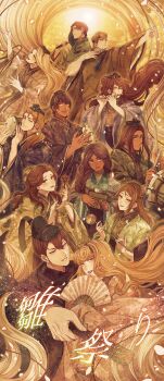 Rule 34 | 6+boys, 6+girls, absurdly long hair, absurdres, aladdin (disney), aladdin (movie), arrow (projectile), aurora (disney), beast (disney), beauty and the beast (disney), belle (disney), black hat, blonde hair, bow (weapon), braid, brown eyes, brown kimono, brown theme, commentary request, dark-skinned female, dark-skinned male, dark skin, disney, drawing bow, drum, flower, flute, flynn rider, folding fan, green eyes, green kimono, hand fan, hat, headwear request, hercules (1997 movie), hercules (disney), highres, hinamatsuri, hirabitai, hishaku, holding, holding bow (weapon), holding flower, holding weapon, instrument, jane porter, japanese clothes, jasmine (disney), kimono, long hair, megara (disney), mizala, multiple boys, multiple girls, music, one eye closed, phillip (disney), playing flute, playing instrument, ponytail, prince adam (disney), print kimono, rapunzel (disney), rose, sleeping beauty (disney), taiko drum, tangled, tarzan (disney character), tarzan (disney movie), very long hair, weapon, wide sleeves, yellow kimono, yellow theme