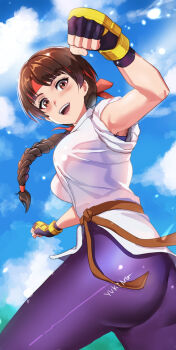 1girl ass braid braided_ponytail breasts brown_eyes brown_hair dougi female_focus from_behind gloves hairband huge_breasts karate_gi large_breasts leggings long_hair looking_at_viewer outdoors pale_skin pants ponytail skirt smile smiley_face spandex standing the_king_of_fighters thick_thighs thighs tight_clothes tight_pants yoga_pants yukinoshin_f yuri_sakazaki