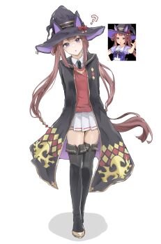 Rule 34 | 1girl, ?, absurdres, animal ears, arms behind back, black boots, black cloak, black necktie, black robe, boots, bow, braid, braided hair rings, brown hair, cloak, collared shirt, hair rings, hat, hat with ears, highres, horse ears, horse girl, horse tail, long hair, looking at viewer, necktie, open cloak, open clothes, open mouth, parted lips, pleated skirt, purple bow, purple eyes, purple shirt, red sweater vest, reference inset, robe, sailor collar, school uniform, shirt, simple background, skirt, sweater, sweater vest, sweep tosho (platanus witch) (umamusume), sweep tosho (umamusume), tail, thigh boots, tor1goe, tracen school uniform, twintails, umamusume, white background, white sailor collar, white shirt, white skirt, witch hat