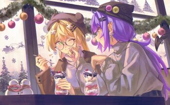 2girls absurdres alternate_costume beanie black_hat black_tail blonde_hair blush brown_hat brown_jacket christmas closed_mouth commentary cup demon_tail ear_piercing earrings english_commentary flower flying food food_on_face glasses green_eyes grey_sweater grin hair_flower hair_ornament hairclip hand_on_another's_cheek hand_on_another's_face hat heart heart_tail highres holding holding_cup holding_spoon hololive ice_cream indoors jacket jewelry legzy long_hair looking_at_another low_ponytail momosuzu_nene multiple_girls one_eye_closed open_clothes open_jacket piercing ponytail purple_hair reindeer round_eyewear sidelocks sleigh smile snowman spoon sweater tail tail_ornament tail_piercing tokoyami_towa turtleneck turtleneck_sweater virtual_youtuber white_flower white_sweater window