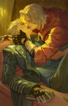 2boys bandaged_arm bandages black_coat black_gloves black_pants book brothers closed_eyes coat couch czyan14 dante_(devil_may_cry) devil_may_cry_(series) devil_may_cry_5 fingerless_gloves french_kiss gloves hair_slicked_back hand_on_another&#039;s_face hashtag-only_commentary highres holding holding_book incest kiss lapels long_sleeves male_focus multiple_boys open_mouth pants parted_hair red_coat short_hair siblings tongue twins vergil_(devil_may_cry) white_hair yaoi