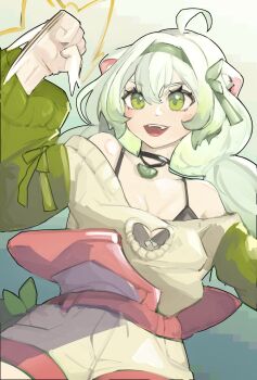 1girl absurdres ahoge angus_mang animal_ears black_bra bra breasts clothing_cutout ferret_ears ferret_girl food fruit gradient_hair green_eyes green_hair green_hairband green_shorts green_sweater hairband heart_cutout highres indie_virtual_youtuber jewelry lime_(fruit) lime_slice limealicious limealicious_(1st_costume) long_sleeves multicolored_hair necklace open_mouth overalls pink_overalls shorts solo sweater twintails underwear virtual_youtuber white_hair
