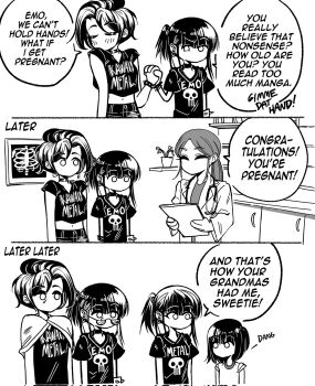 Rule 34 | 5girls, age progression, bags under eyes, corrupted twitter file, doctor, emo-girl (grs-), english text, glasses, grandmother and granddaughter, grs-, highres, holding hands, ips cells, long hair, mother and daughter, multiple girls, no mouth, original, punk, shirt, short hair, speech bubble, t-shirt, yuri