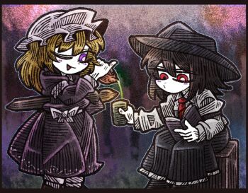 2girls :d :v armband black_hat black_skirt blonde_hair blush blush_stickers book bow brown_hair brown_shoes cherry_blossoms collar cup dress ghostly_field_club graveyard hair_between_eyes hat holding holding_book holding_cup long_dress long_sleeves maribel_hearn medium_hair mob_cap multiple_girls necktie night one_eye_closed open_mouth pouring purple_dress purple_eyes reading red_eyes sash shirt shoes sitting skirt sleeve_cuffs smile socks standing suenari_(peace) tombstone touhou usami_renko white_bow white_collar white_hat white_sash white_shirt white_socks yunomi