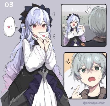 Rule 34 | !?, > <, 1boy, 1girl, ^^^, absurdres, afterimage, blush, bow, bowtie, breast curtains, center frills, closed eyes, commentary request, crossed bangs, drill hair, drill sidelocks, flying sweatdrops, frills, green eyes, grey background, hair between eyes, hairband, heart, highres, holding, holding letter, korean commentary, letter, mole, mole under eye, ooyun, open mouth, pointing, pointing at self, pointy ears, purple bow, purple bowtie, purple hairband, red eyes, shrug (clothing), sidelocks, simple background, spoken heart, sweat, twitter username, vivian banshee, white shrug, wise (zenless zone zero), zenless zone zero