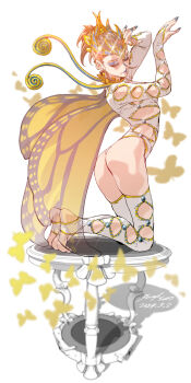 1girl ass breasts bridal_gauntlets butterfly_wings closed_eyes crown earrings eyeshadow full_body grey_hair highres insect_wings jewelry kneeling leotard lipstick makeup nabipenciller original ponytail small_breasts solo stirrup_legwear toeless_legwear wings