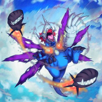 Rule 34 | cyborg, digimon, digimon (creature), highres, metalgreymon (virus), missile, sharp teeth, smile, solo, teeth