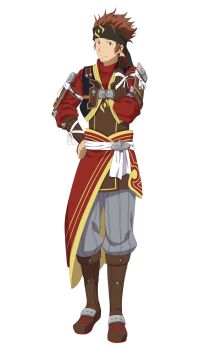10s 1boy bandana brown_eyes brown_hair hand_on_own_hip hand_on_neck highres klein_(sao) male_focus short_hair sword_art_online sword_art_online:_hollow_realization white_background