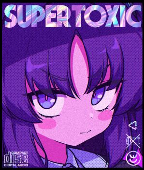 1girl arrow_(symbol) blue_archive blush_stickers closed_mouth collared_shirt commentary cover english_commentary hrna long_hair looking_at_viewer parted_bangs portrait purple_eyes purple_hair recycling_symbol shirt solo white_shirt yuuka_(blue_archive)