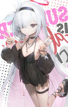 1girl :/ absurdres bare_arms bare_legs bare_shoulders bikini bikini_under_clothes black_bikini black_choker black_dress black_hairband black_nails black_sandals blue_archive bracelet braid breasts choker colored_inner_hair double_v dress drive_shot expressionless eyes_visible_through_hair feet_up hair_between_eyes hair_over_one_eye hair_ribbon hairband halo hands_up highres jewelry loli long_hair looking_at_viewer multicolored_hair multiple_necklaces multiple_rings nail_polish navel pink_hair pink_halo pink_pupils plana_(blue_archive) red_pupils ribbon ring sandals see-through_clothes see-through_dress single_braid small_breasts solo standing standing_on_one_leg swimsuit thigh_strap thighs two-tone_hair v very_long_hair white_hair white_ribbon