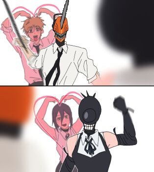 1boy 1girl apron black_choker black_gloves black_necktie black_ribbon blonde_hair blurry blurry_foreground bomb bomb_devil_(chainsaw_man) breasts chainsaw chainsaw_devil chainsaw_man choker collared_shirt denji_(chainsaw_man) dual_persona elbow_gloves explosive gloves grenade_pin hair_between_eyes heart_arms highres j13k0 looking_at_another medium_breasts medium_hair neck_ribbon necktie open_mouth purple_hair reze_(chainsaw_man) ribbon shirt short_hair sleeveless sleeveless_shirt sleeves_rolled_up smile teeth updo upper_body white_shirt