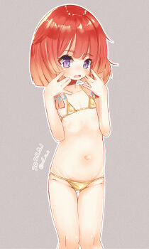 1girl bikini commentary_request dated etorofu_(kancolle) flat_chest gold_bikini grey_background hands_up highres kantai_collection loli mf_u_c micro_bikini navel open_mouth outline purple_eyes red_hair short_hair signature simple_background solo swimsuit wavy_eyes white_outline