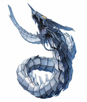 commentary cyber_dragon dragon duel_monster eastern_dragon fangs glowing glowing_eyes highres horns machine no_humans non-humanoid_robot open_mouth robot robot_dragon simple_background single_horn solo spikes taedu white_background yellow_eyes yu-gi-oh!