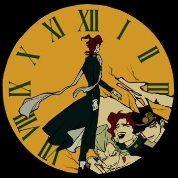 analog_clock black_hair black_hat clamchowder55 clock closed_eyes crack earrings green_gakuran grin hand_up hat highres jean_pierre_polnareff jewelry jojo_no_kimyou_na_bouken kakyoin_noriaki kuujou_joutarou laughing long_coat long_sleeves looking_back open_mouth red_hair roman_numeral scarf smile solo_focus standing stardust_crusaders white_hair white_scarf