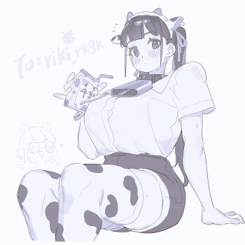 2girls :d =_= absurdres animal_ear_hairband animal_ears animal_print artist_self-insert baijianzi_(bb_panda_bb) bb_panda_bb bell belt_collar blunt_bangs blush borrowed_character bracelet breasts button_gap chibi chinese_commentary closed_eyes closed_mouth collar collared_shirt commentary_request cow_ear_hairband cow_ears cow_print cow_print_thighhighs cowbell crossover dot_mouth dress_shirt drink_carton drinking_straw fake_animal_ears fake_horns feet_out_of_frame futao_miruku_(riki) hair_ribbon hairband hand_on_own_face hand_rest happy heart highres holding holding_milk_carton horns jewelry large_breasts looking_at_viewer lovestruck milk_carton monochrome multiple_girls neck_bell notice_lines open_mouth original panda_ears panda_girl print_thighhighs purple_theme ribbon round_eyewear shirt shirt_tucked_in short_shorts short_sleeves shorts simple_background sitting smile solo_focus thighhighs twintails white_background
