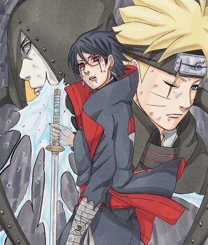 1girl 2boys black_cloak black_hair black_headband black_hood black_jacket black_romper blonde_hair blood bloody_tears blue_eyes boruto:_two_blue_vortex brentonsart bruise bruise_on_face cloak commentary earrings english_commentary facial_mark forehead_protector frown headband hidari_(naruto) holding holding_sword holding_weapon injury jacket jewelry mangekyou_sharingan multiple_boys naruto_(series) one_eye_closed pale_skin parted_lips red_eyes rinnegan romper scar scar_across_eye scar_on_face sharingan short_hair sword torn_clothes torn_sleeves uchiha_sarada uchiha_symbol uzumaki_boruto weapon whisker_markings
