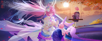 2girls absurdres bare_shoulders blue_hair breasts chinese_commentary cloud cloudy_sky coat commentary_request cyrene_(aedes_elysiae)_(honkai:_star_rail) cyrene_(honkai:_star_rail) cyrene_(ripples_of_past_reverie)_(honkai:_star_rail) dress fingernails flower gradient_hair hair_flower hair_ornament halo halo_behind_head hands_up highres honkai:_star_rail honkai_(series) large_breasts logo long_hair looking_at_another mem_(honkai:_star_rail) multicolored_hair multiple_girls multiple_persona on_swing orange_sky pink_hair pink_nails pink_petals pointy_ears purple_coat purple_eyes rain_sama rose sidelocks sky split_theme sunrise swing very_long_hair white_dress white_flower white_rose