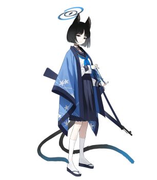 1girl absurdres animal_ears black_eyes black_hair blue_archive blue_halo blue_neckerchief blue_skirt cat_ears cat_girl cat_tail closed_mouth full_body game_cg gun halo highres kikyou_(blue_archive) kneehighs light_smile looking_at_viewer multiple_tails neckerchief official_art rifle sailor_collar sandals school_uniform serafuku shirt short_hair simple_background skirt socks solo standing tachi-e tail transparent_background two_tails weapon white_shirt white_socks