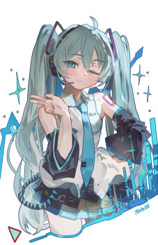 1girl absurdres ahoge aqua_eyes aqua_hair aqua_nails aqua_necktie aqua_trim artist_name bare_shoulders black_sleeves commentary_request cowboy_shot cropped_legs detached_sleeves fingernails hair_between_eyes hair_ornament hand_up hatsune_miku headset highres light_blush long_hair looking_at_viewer mirae283 nail_polish necktie number_tattoo one_eye_closed shirt shoulder_tattoo simple_background sleeveless sleeveless_shirt solo sparkle tattoo twintails very_long_hair vocaloid w white_background white_shirt wide_sleeves