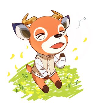 Rule 34 | 1boy, absurdres, animal crossing, animal ears, beau (animal crossing), closed eyes, commentary request, highres, horns, jacket, long sleeves, nintendo, open mouth, ru-san 0617, shirt, sitting, solo, squeans, tail