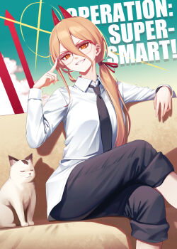 Rule 34 | 1girl, animal, black necktie, black pants, blonde hair, cat, chainsaw man, collared shirt, couch, crossed legs, crosshair pupils, deadnooodles, dutch angle, english text, grin, hand up, highres, long hair, long sleeves, looking at viewer, necktie, on couch, orange eyes, pants, ponytail, power (chainsaw man), shadow, sharp teeth, shirt, sitting, smile, solo, straight hair, teeth, white shirt, wing collar