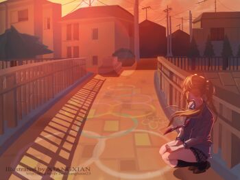 Rule 34 | 1girl, artist name, black socks, blazer, blonde hair, bridge, brown shoes, building, chalk drawing, commentary request, diagonal-striped clothes, diagonal-striped necktie, facing away, grey jacket, grey skirt, hands on own thighs, highres, hopscotch, house, jacket, kneehighs, lens flare, long hair, long sleeves, miniskirt, miyazono kawori, necktie, open clothes, open jacket, outdoors, pleated skirt, ponytail, power lines, railing, red necktie, scenery, school uniform, shadow, shigatsu wa kimi no uso, shoes, skirt, socks, solo, squatting, striped clothes, sunset, town, tree, utility pole, watermark, web address, xiangxian (sangheon23)