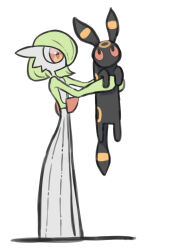 bad_id bad_twitter_id black_fur bob_cut colored_skin dress gardevoir gen_2_pokemon gen_3_pokemon green_hair green_skin highres holding holding_pokemon maemuki multicolored_skin nintendo pokemon pokemon_(creature) simple_background two-tone_fur two-tone_skin umbreon white_background white_dress white_skin
